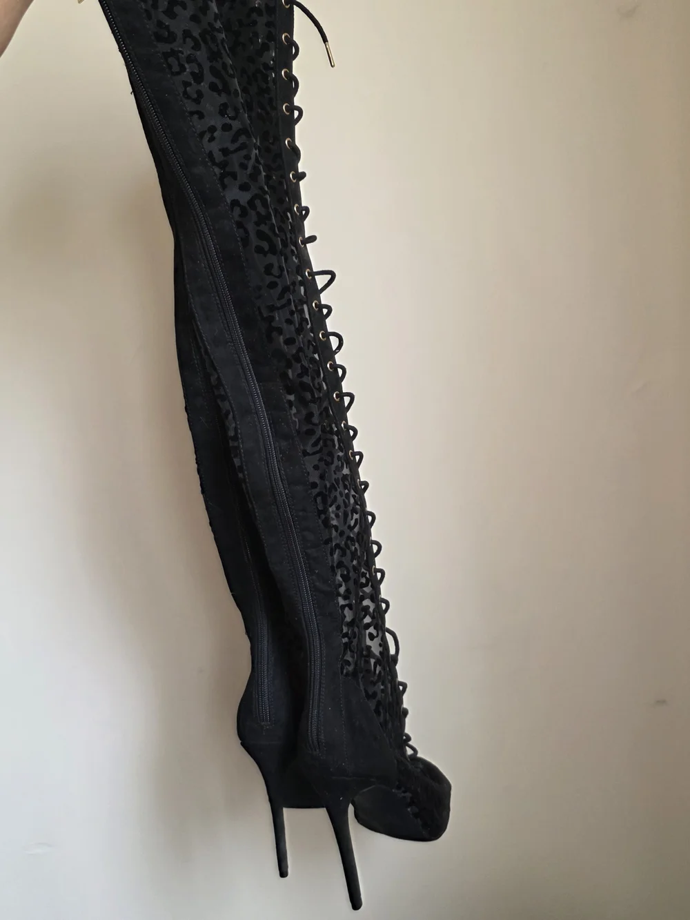 Black Over-the-Knee Lace-Up Stiletto Boots